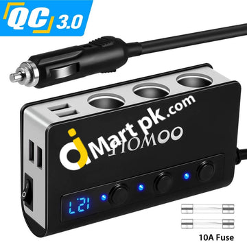 Oowolf Car Cigarette Lighter Adapter (7-In-1) Quick Charge 3.0 180W 12V/24V With 3-Socket Power